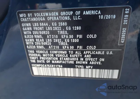 2019 Volkswagen Atlas 2.0T Se W/Technology from USA, damaged, VIN 1V2WP2CA7KC611794